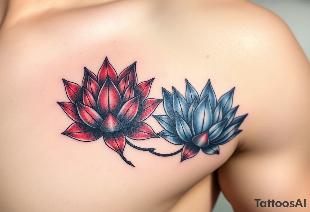 Two Lotus Flowers Intertwined(Red black and chrome blue are only colors possible) tattoo idea