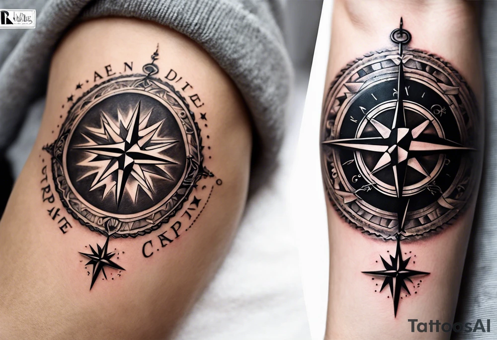 Create a tattoo design for a forearm that complements an existing 'carpe diem' scripted tattoo. The design should incorporate elements that symbolize the journey of life, achievements, and personal growth. Consider including symbols like a compass, the scales of justice, or abstract linework that represents life’s ups and downs. The style should be elegant, with a balance between detailed and minimalistic elements, ensuring it flows naturally with the existing tattoo. tattoo idea