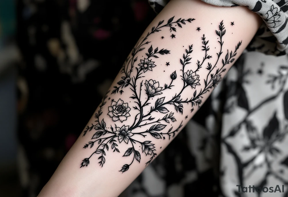 Rose vine and wild flowers, moon forest  and wrap around half sleeve tattoo idea