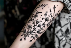 Rose vine and wild flowers, moon forest  and wrap around half sleeve tattoo idea