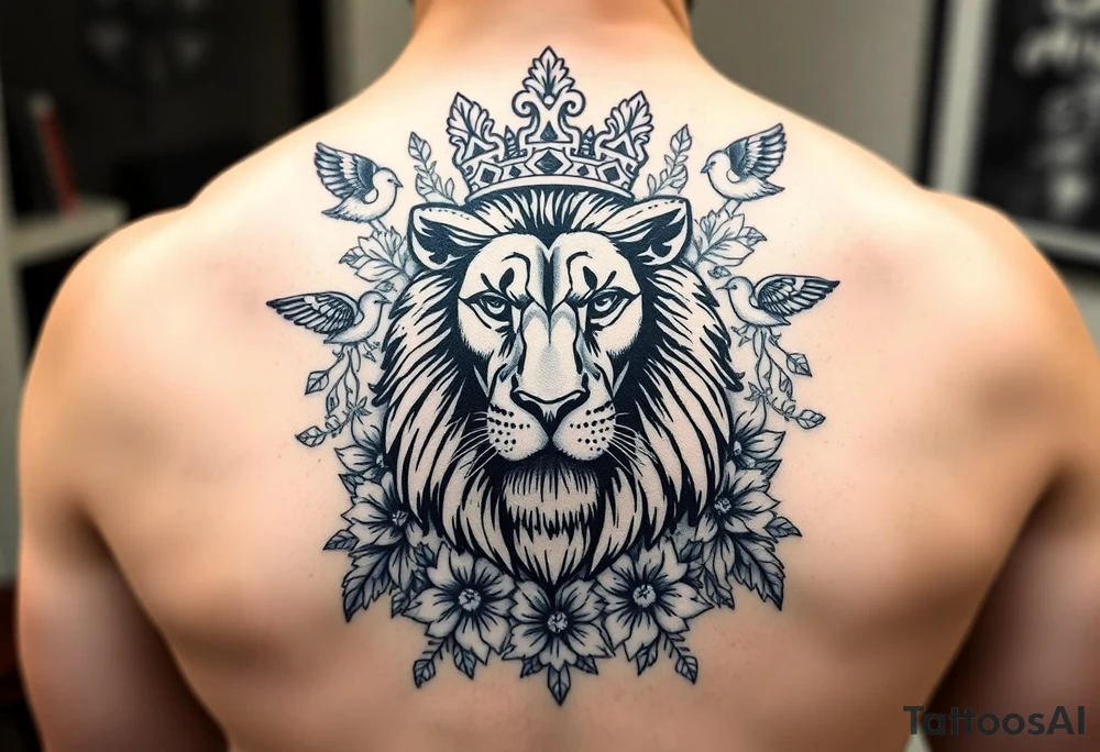 powerful majestic lion with a crown, surrounded by floral ornaments and birds tattoo idea