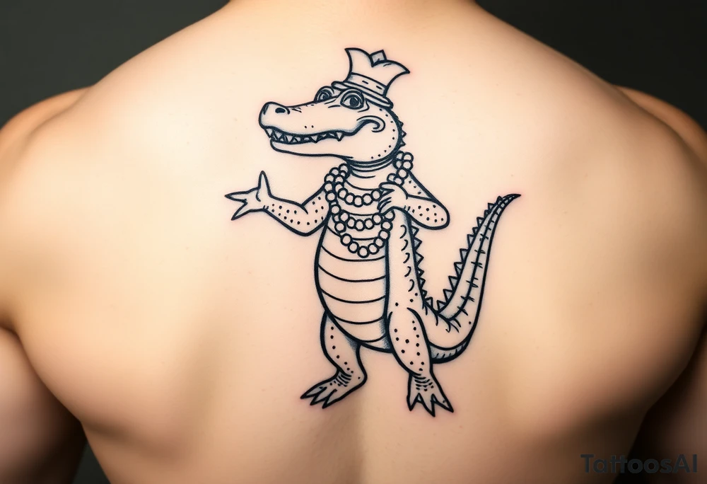 cartoon Mardi gras alligator standing up and dancing wearing beads tattoo idea