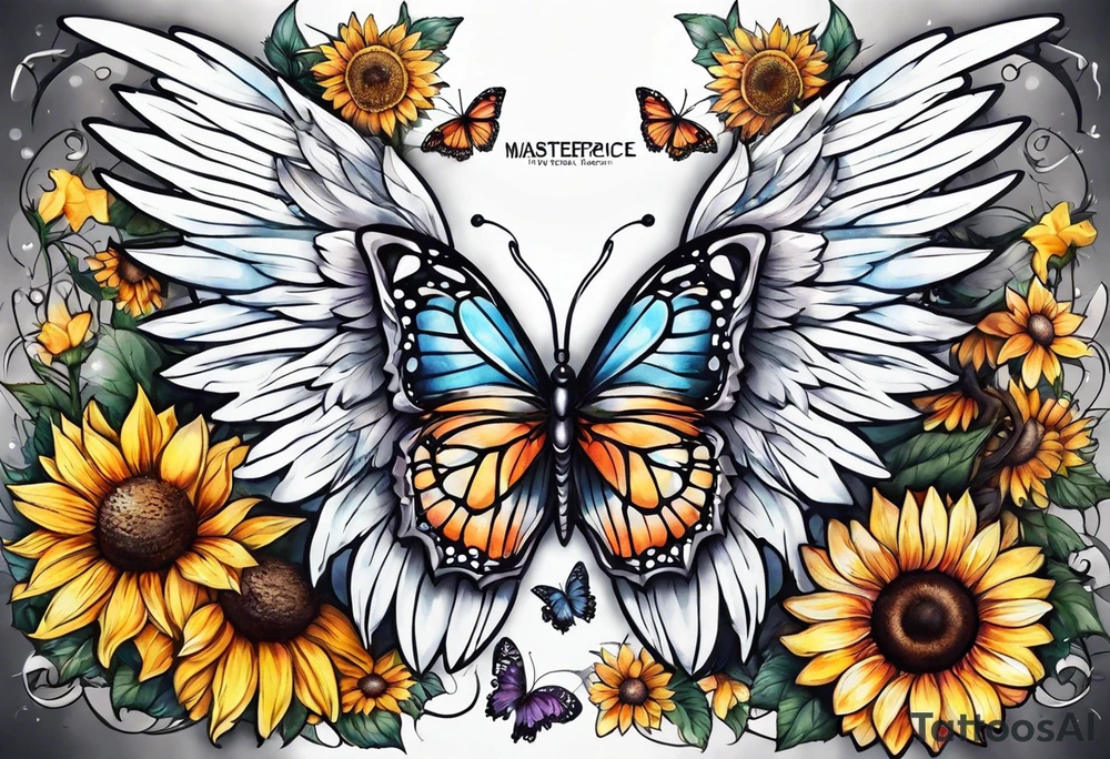 Sleeve with angel wings, sunflower and butterfly tattoo idea