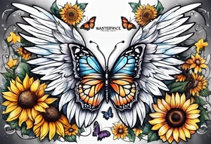 Sleeve with angel wings, sunflower and butterfly tattoo idea