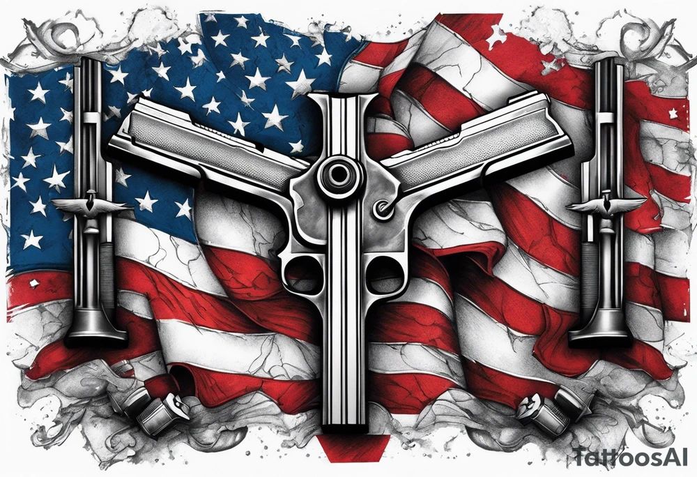 Distressed American flag behind a cross with 2 guns leaned on it simpler tattoo idea