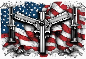 Distressed American flag behind a cross with 2 guns leaned on it simpler tattoo idea