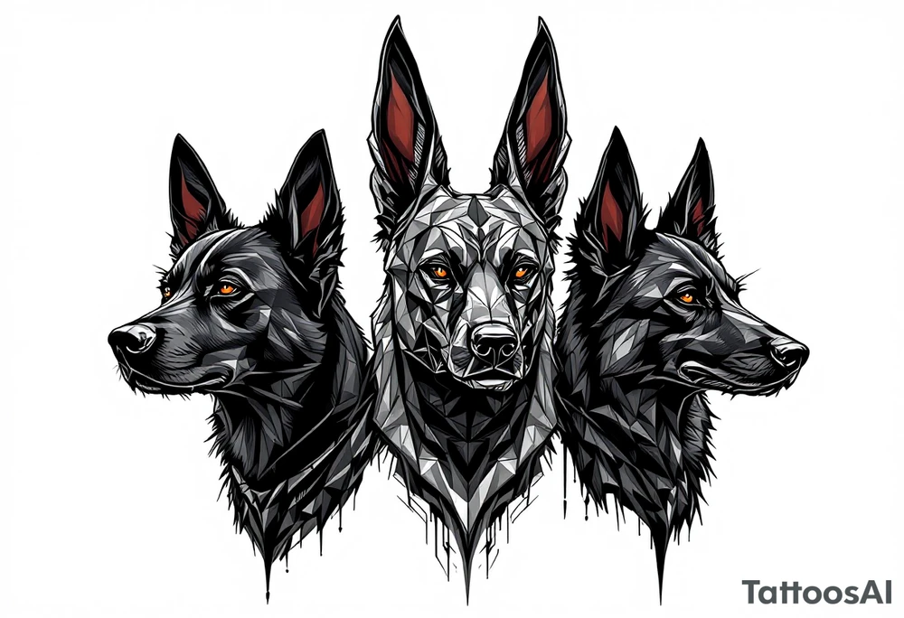 a creature that looks strongly like Anubis, plus a black Labrador and a black German Shepard, with the tall pointy ears of a jackal, looking back, serious and daring tattoo idea