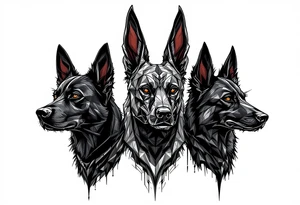 a creature that looks strongly like Anubis, plus a black Labrador and a black German Shepard, with the tall pointy ears of a jackal, looking back, serious and daring tattoo idea