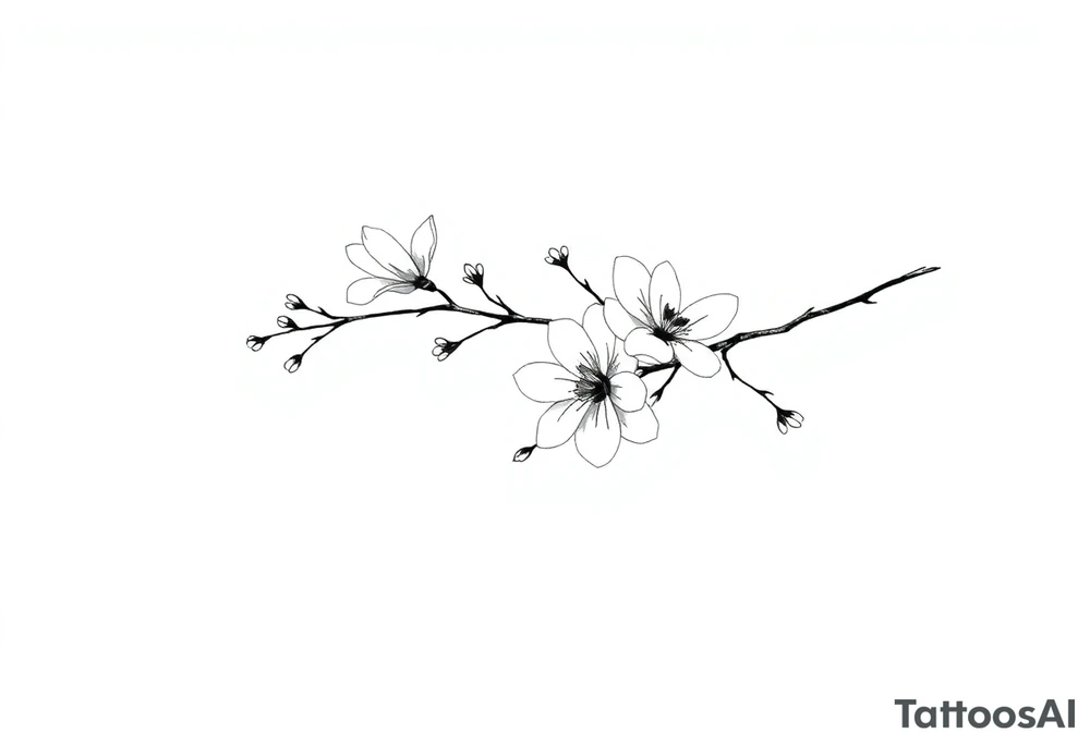 Graceful long magnolia branch with small flowers in early blossom stage with closed flowers tattoo idea