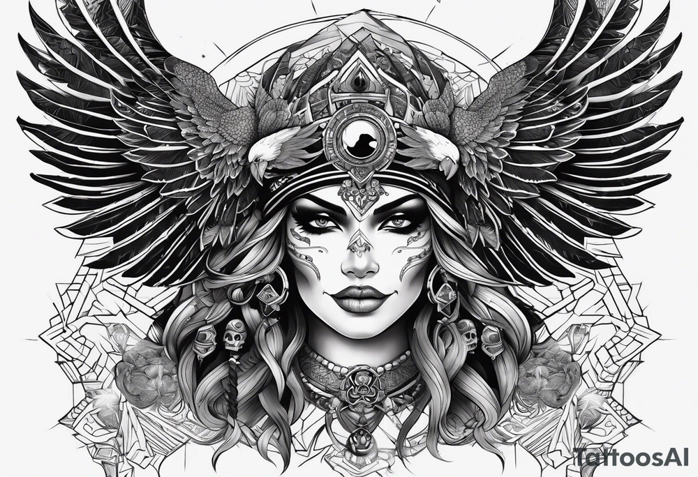 black kali, goddess pirate, alien, pachamama, valkrye, warrior, skull, lotus azul, wing, eagle, zenza resonance, stars, 5D tattoo idea