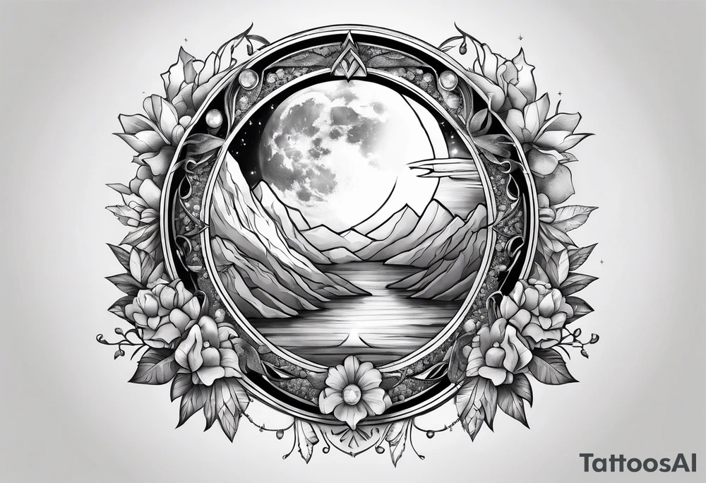 large crystals tied together with ribbon
moon surrounding tattoo idea