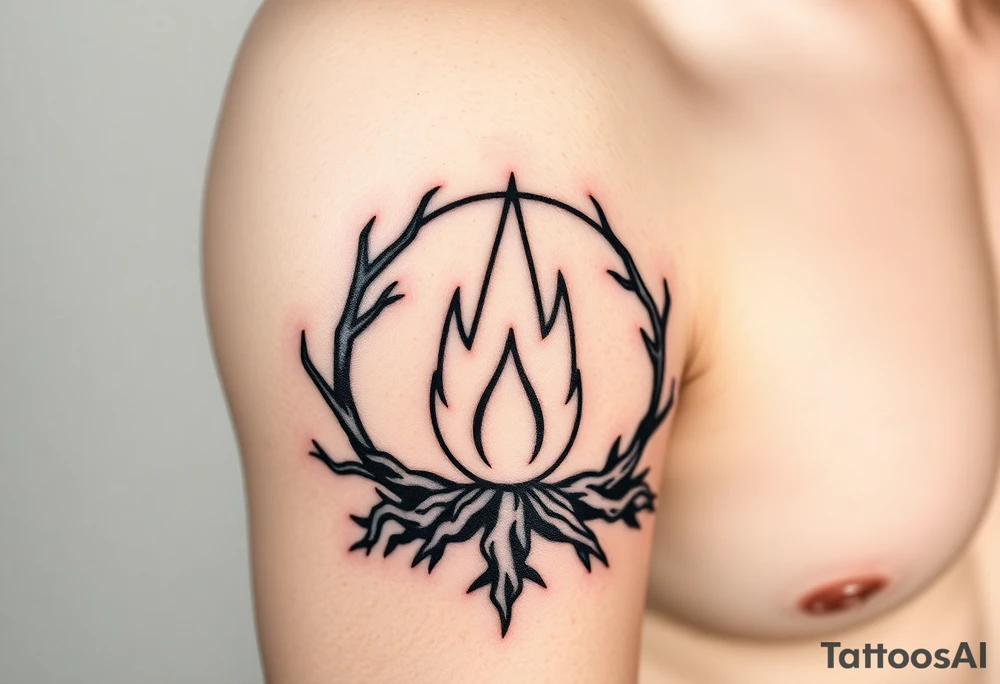 a round flame imprisoned in a roots circle tattoo idea