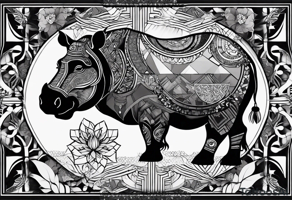 Very asymmetrical, +geometric pattern, with realistic full moon, with hippo,+tribal, +geometric, +inkart , +blackwork, +grey scale, + sketch
with wintersweet flower bud, +for men, detailed layering , modify from my favourites , dont look like a cow tattoo idea