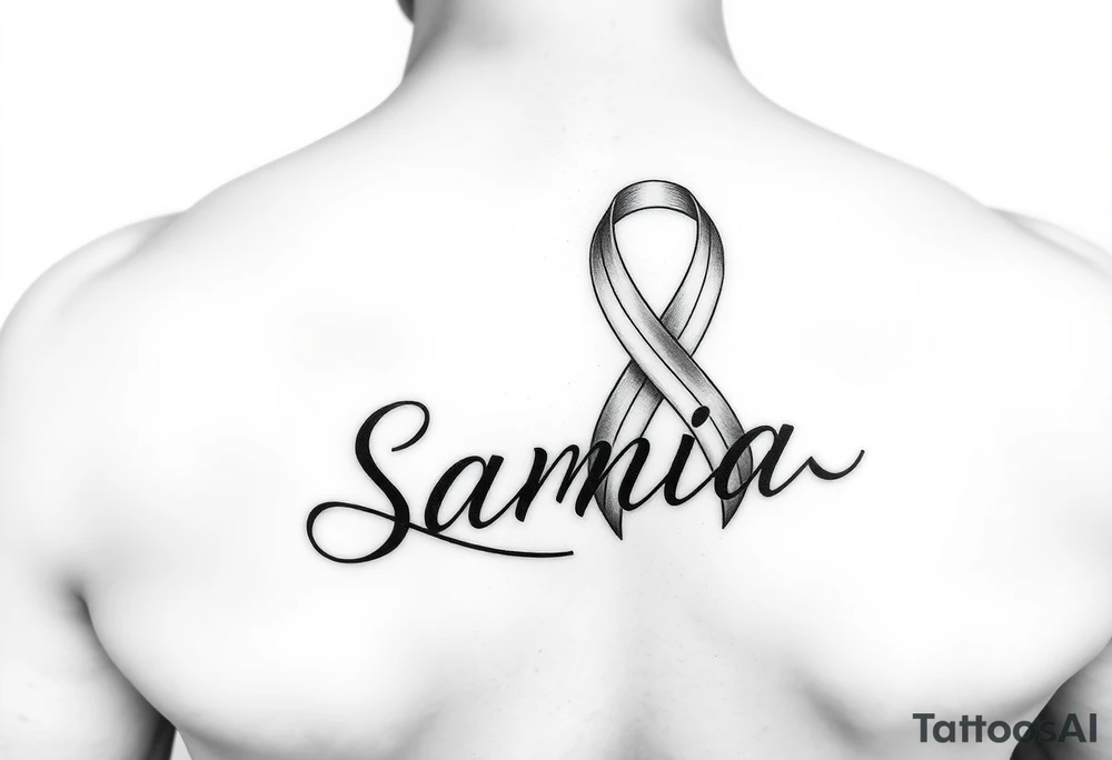 Breast cancer ribbon flowing into the name Samia. Ribcage. Side. Men. tattoo idea