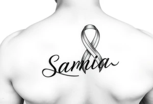 Breast cancer ribbon flowing into the name Samia. Ribcage. Side. Men. tattoo idea