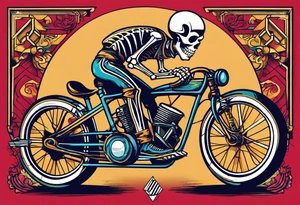 Skeleton rides a racing bicycle. It is wearing a 1980s style uniform. There is no background image tattoo idea