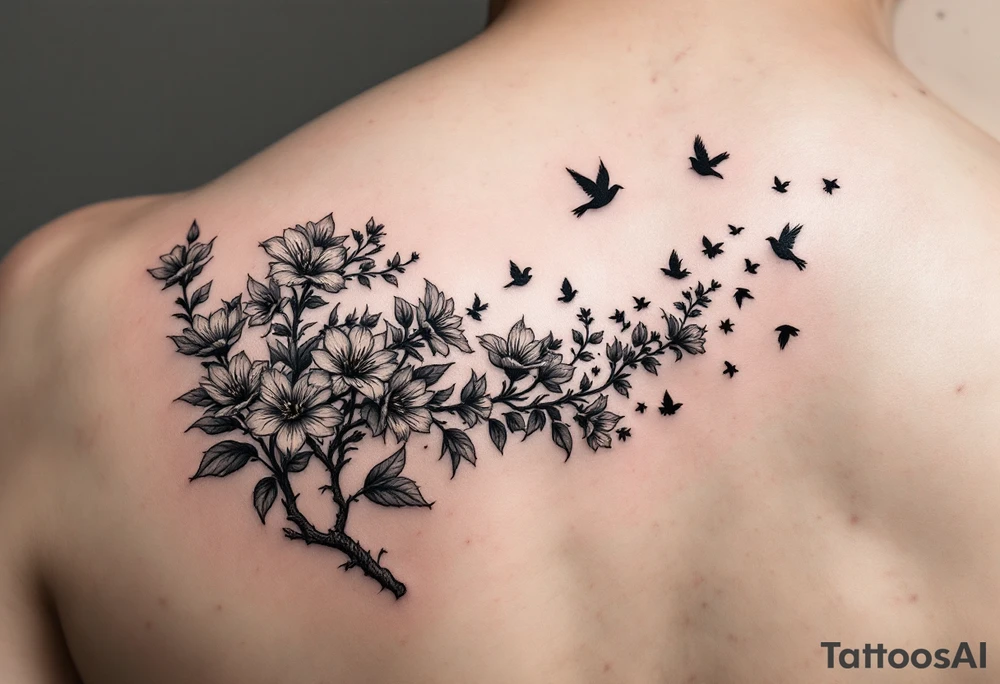 A wood violet blowing in the wind with pedals floating away turning into birds tattoo idea