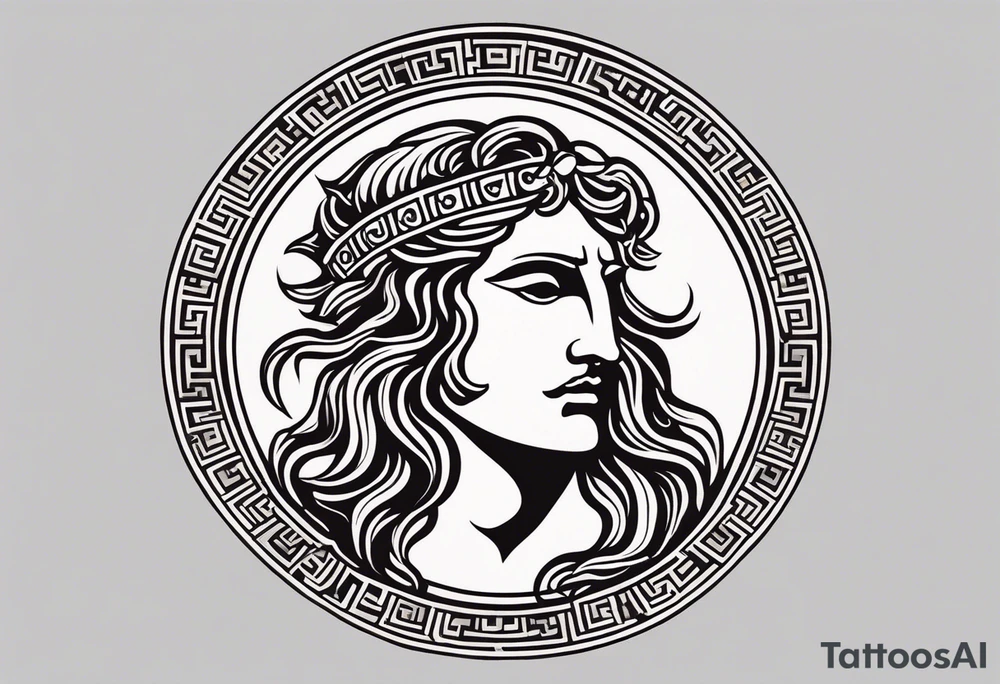 "Craft a minimalist tattoo design in the style of ancient Greek art, featuring Dionysus with his affection for theater. Depict Dionysus in a simplified yet elegant form, reminiscent of classical Greek sculpture, holding a theatrical mask and a goblet of wine. Surround him with subtle geometric patterns or motifs inspired by ancient Greek pottery, such as meanders or key patterns. Ensure the design maintains a minimalist aesthetic while incorporating elements that evoke the sophistication and timelessness of Greek art, capturing Dionysus's connection to both wine and theater in a visually striking manner." tattoo idea