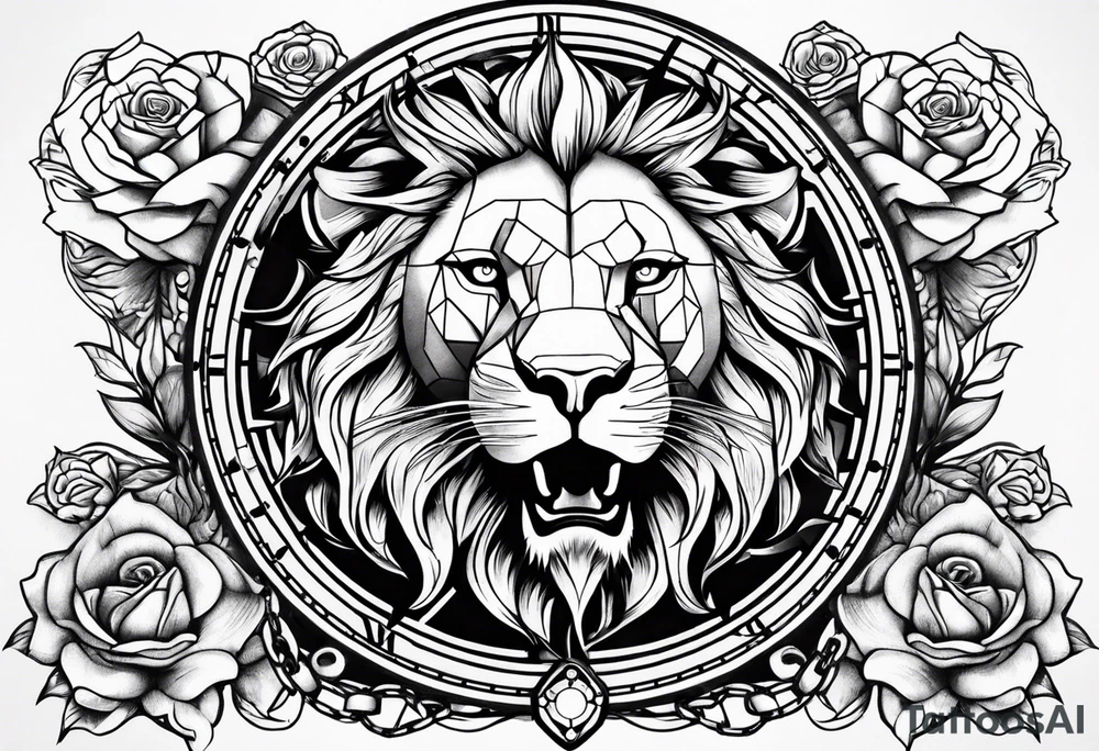 lion clock rose cross chain wing tattoo idea