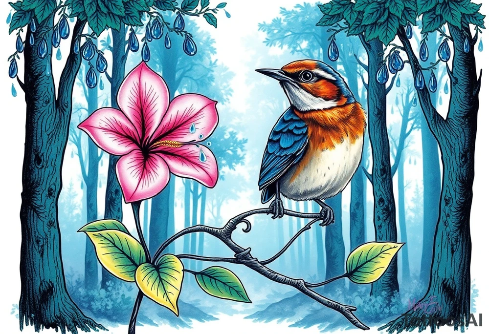 forest trees background
blue rain drops
pink camelia flower
blue and brown wren bird tattoo idea