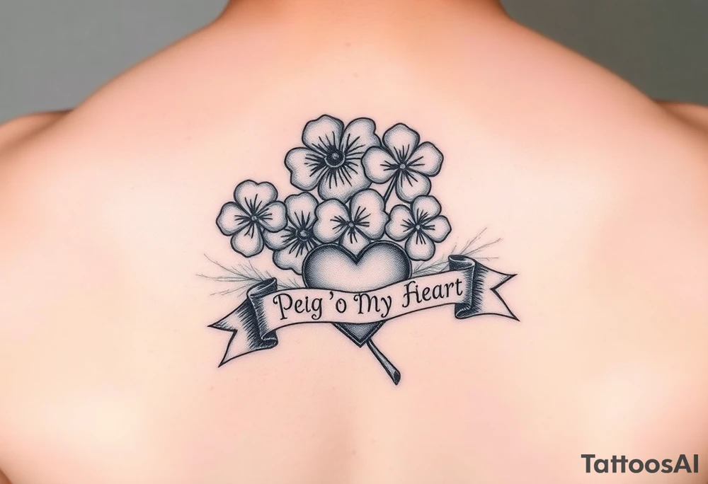 Bunch of Shamrock with a heart and a banner that says " Peg 'o My Heart " tattoo idea