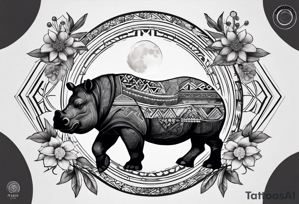 Very asymmetrical, +geometric pattern, with realistic full moon, with hippo at side look, +tribal, +geometric, +inkart , +blackwork, +grey scale, + sketch
with wintersweet flower bud, +inkart touch, +for men, detailed , combined favourite tattoo idea