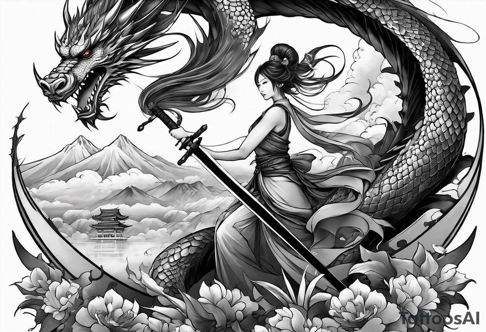 beautiful warrior fairy holding a sword and a dragon and the background will be mountains, clouds, and a Japanese building tattoo idea