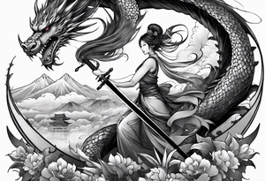 beautiful warrior fairy holding a sword and a dragon and the background will be mountains, clouds, and a Japanese building tattoo idea