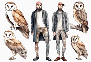 a skinny man with long legs and the head of a barn owl wearing wool leggings and poulaines tattoo idea