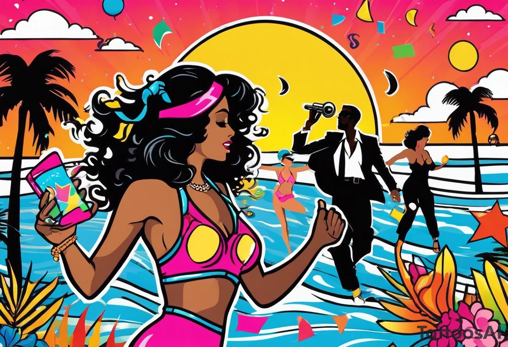 1980's miami vice style beach dance 
party, include confetti, music notes, boom box, SILHOUETTE bikinis sunset in the center tattoo idea