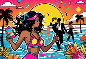 1980's miami vice style beach dance 
party, include confetti, music notes, boom box, SILHOUETTE bikinis sunset in the center tattoo idea