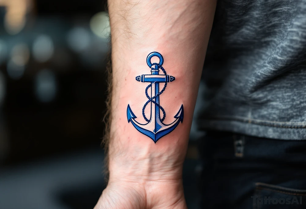 A vibrant blue anchor tattoo symbolizing a father's steady support for his child. tattoo idea