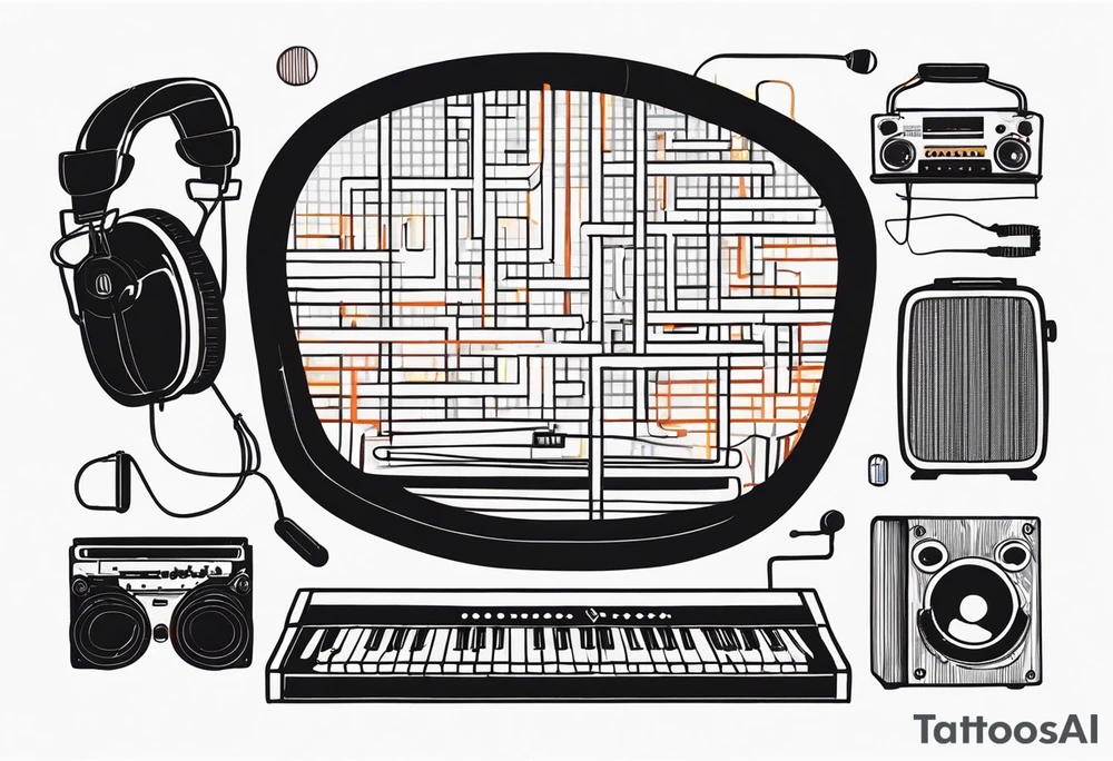 Lines and cables weave and interconnect keyboards, drums, guitars, speakers, headphones, and cassette tapes. tattoo idea