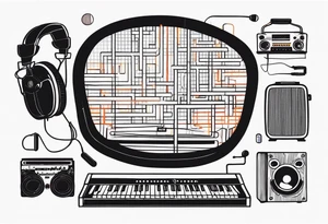 Lines and cables weave and interconnect keyboards, drums, guitars, speakers, headphones, and cassette tapes. tattoo idea
