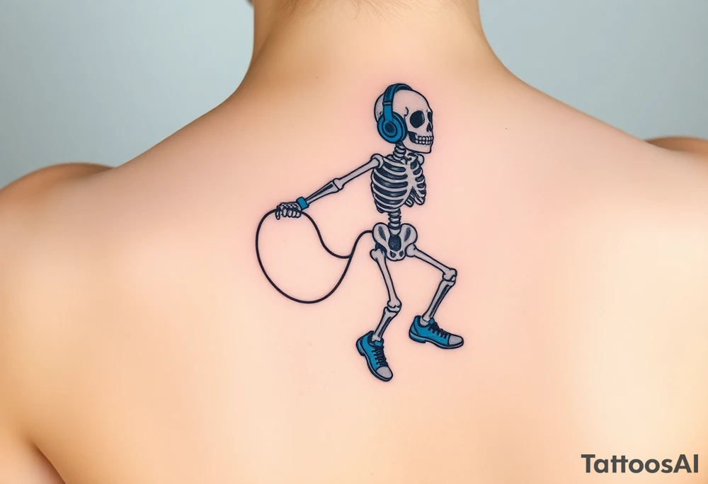Cute skeleton jumping on a jump rope with blue headphone and blue tennis shoes and blue armbands tattoo idea
