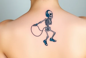 Cute skeleton jumping on a jump rope with blue headphone and blue tennis shoes and blue armbands tattoo idea