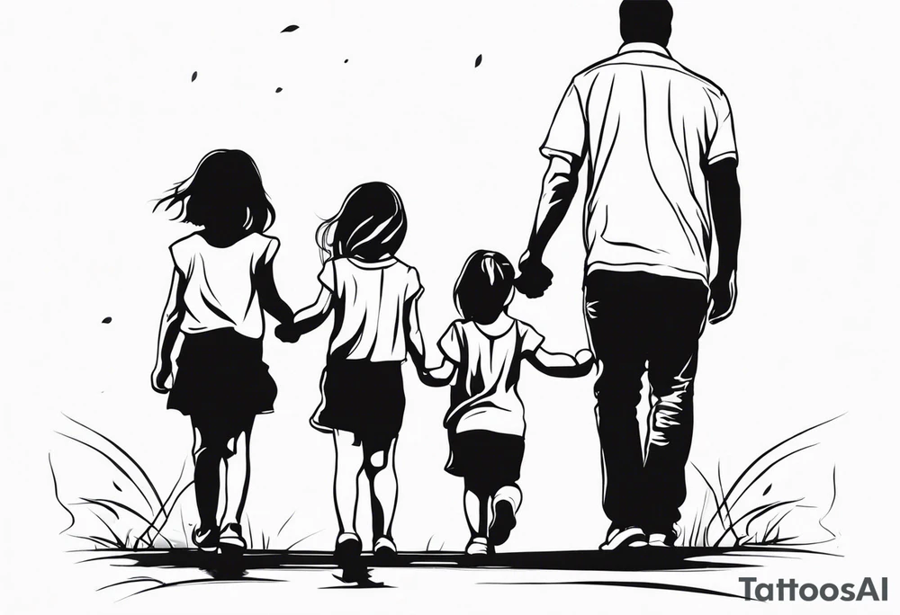 Three  Little girls and  dad and holding hands tattoo idea