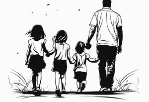 Three  Little girls and  dad and holding hands tattoo idea