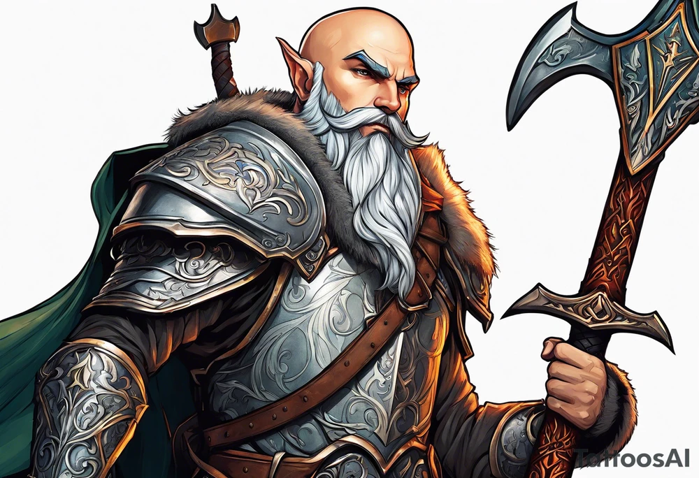 a full-body picture of a 30-year-old, human elf, bearded bald male, paladin, holding a battle axe, tattoo idea