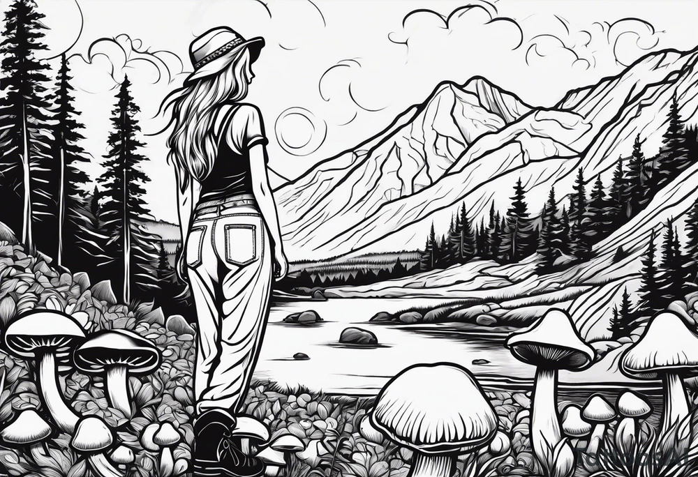 Whole picture within a circle Straight long blonde hair hippie girl in distance holding mushrooms in hand facing away toward mountains and creek surrounded by mushrooms tee shirt hiking pants hiking boots tattoo idea