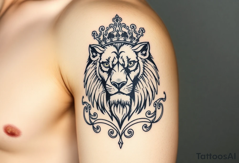 majestic lion wearing ornate crown, surrounded by baroque flourishes tattoo idea