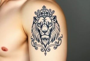 majestic lion wearing ornate crown, surrounded by baroque flourishes tattoo idea