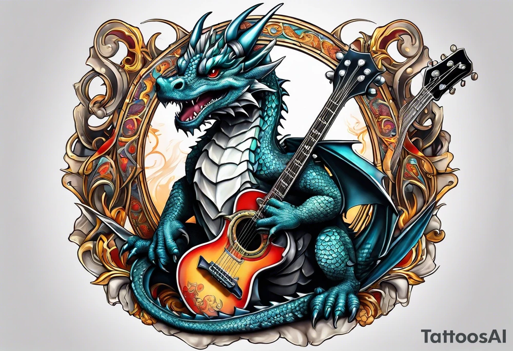 baby dragon with guitar tattoo idea