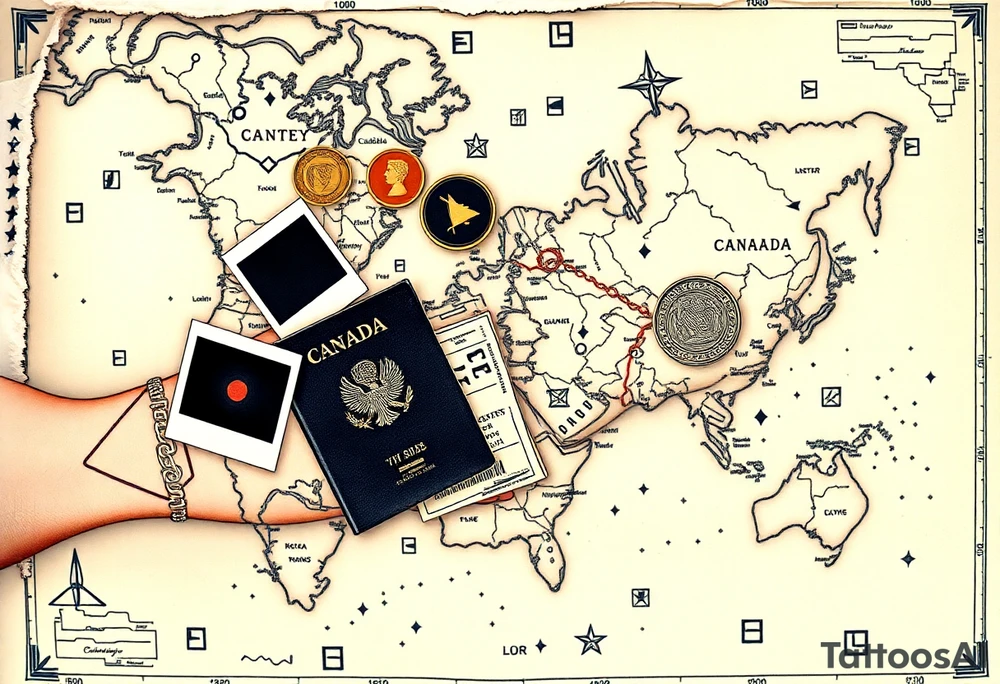 Navigator map with torn/burnt edges, with polaroids, coins, open Canadian passport, and show tickets tattoo idea