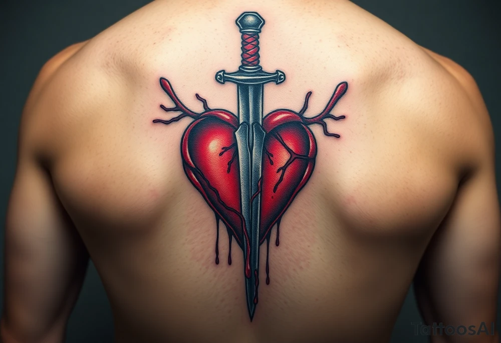 A bloody dagger piercing through a heart, with dark reds and metallic silver, representing pain, sacrifice, and passion tattoo idea