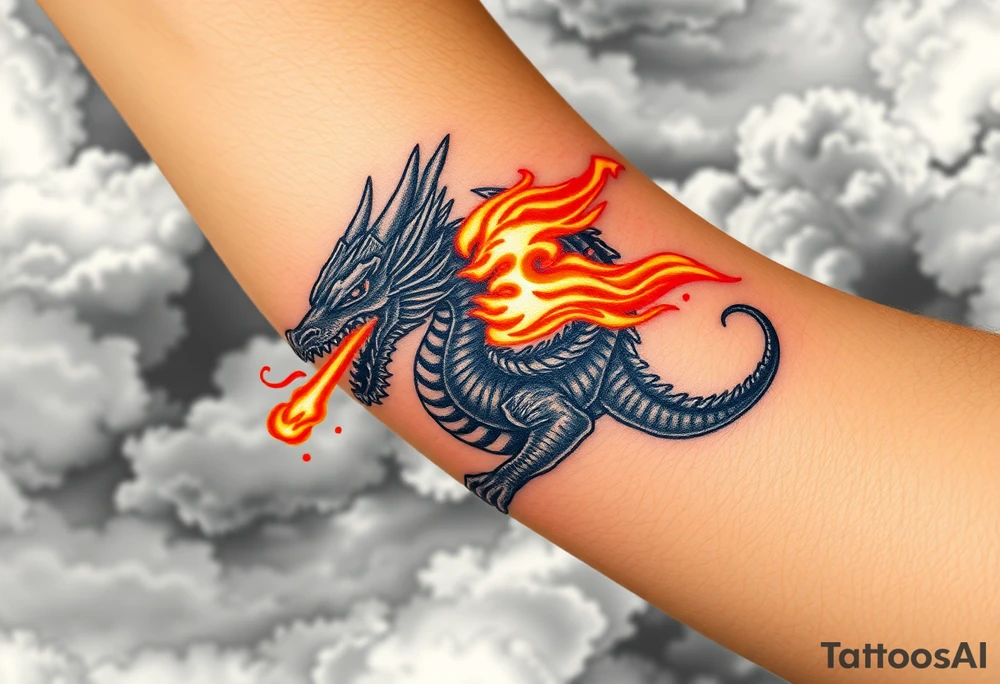 fierce dragon breathing iridescent fire against stormy skies tattoo idea