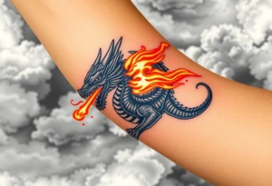 fierce dragon breathing iridescent fire against stormy skies tattoo idea