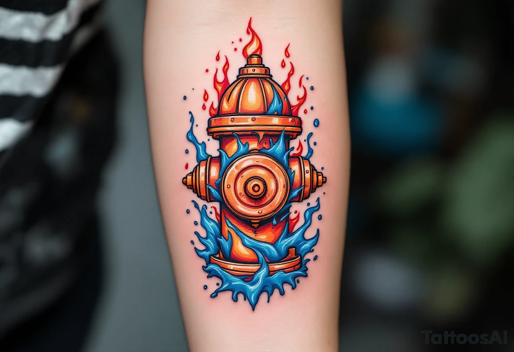 A detailed fire hydrant wrapped in a swirling water-and-flame motif, blending cool blue with fiery red and orange tones. tattoo idea