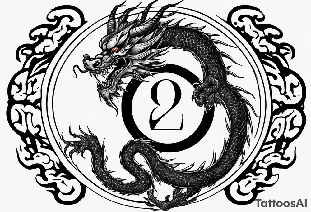 Chinese dragon in a circular shape with "02.03" written on its skin tattoo idea