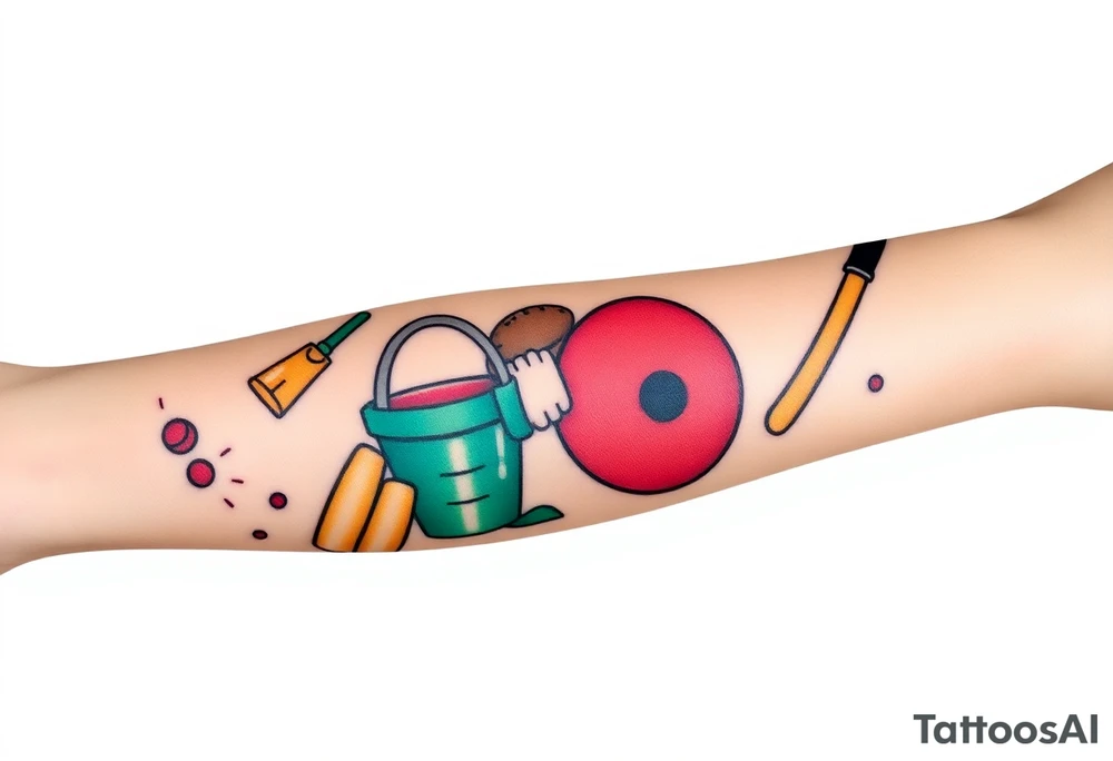 Childhood memories of a book, a bucket and spade, a football, a cricket bat, a cartoon of Dennis the Menace from the Beano comic, and the American Idiot symbol tattoo idea